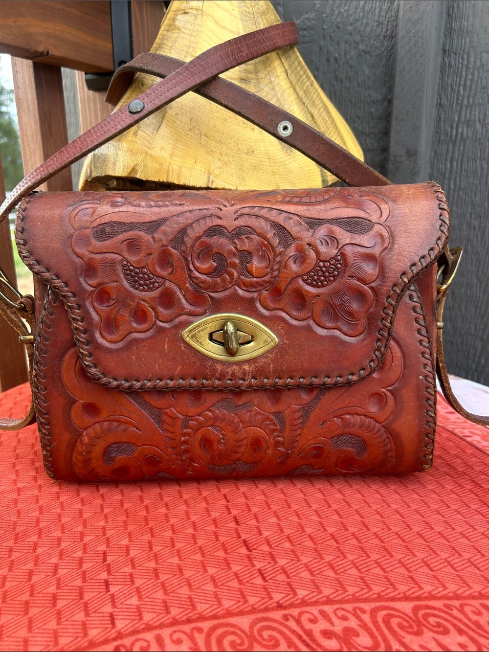 Vintage 70’s Clifton’s Floral HandTooled Brown Leather Crossbody Brass Turn-Lock